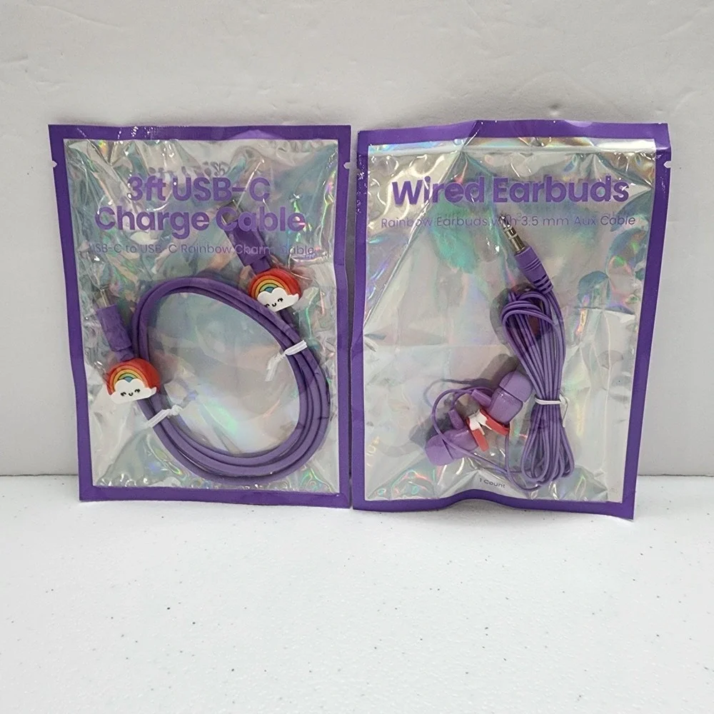 Purple Wired Earbuds 3.5 Aux Cable/ 3ft USB-C Charge Cable Rainbow Charms New